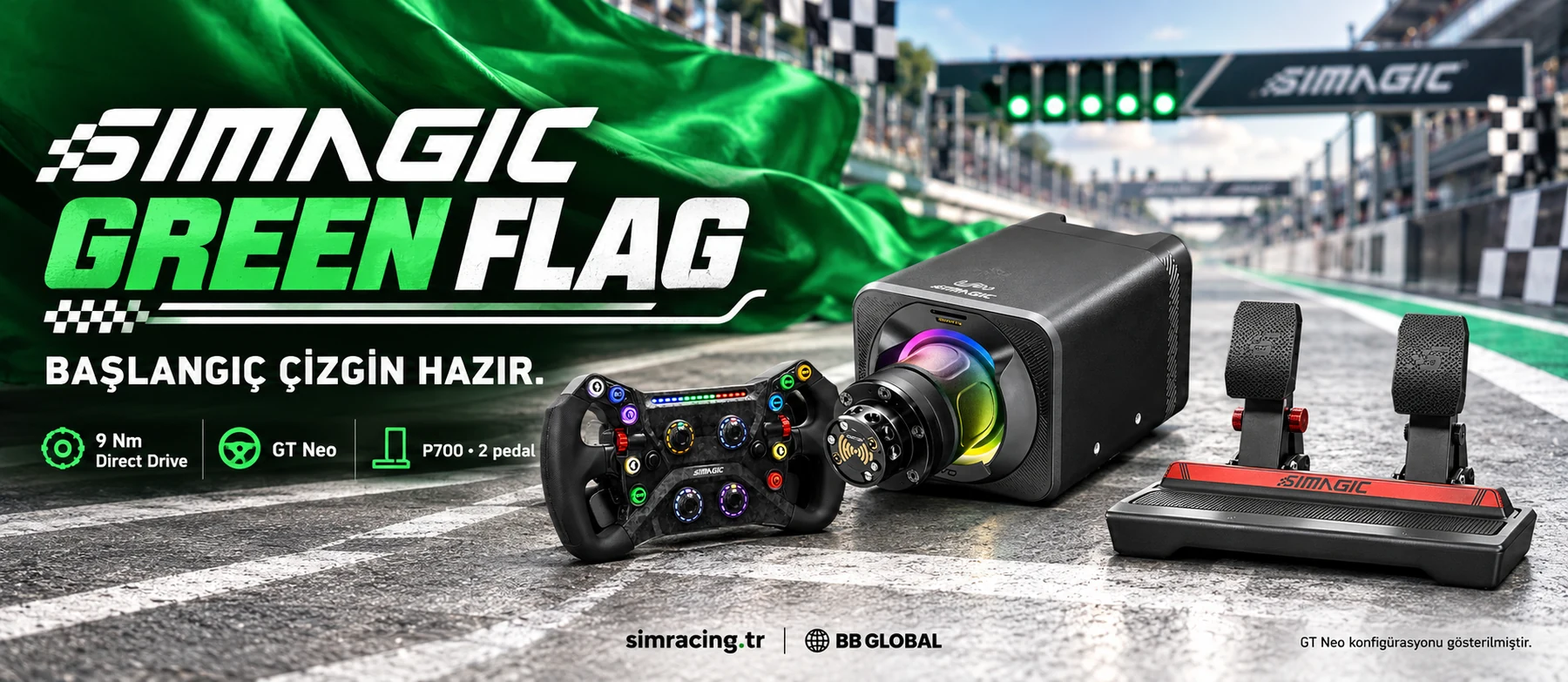 SIMAGIC Green Flag seti: 9 Nm Direct Drive, P700 pedallar ve direksiyon seçenekleri